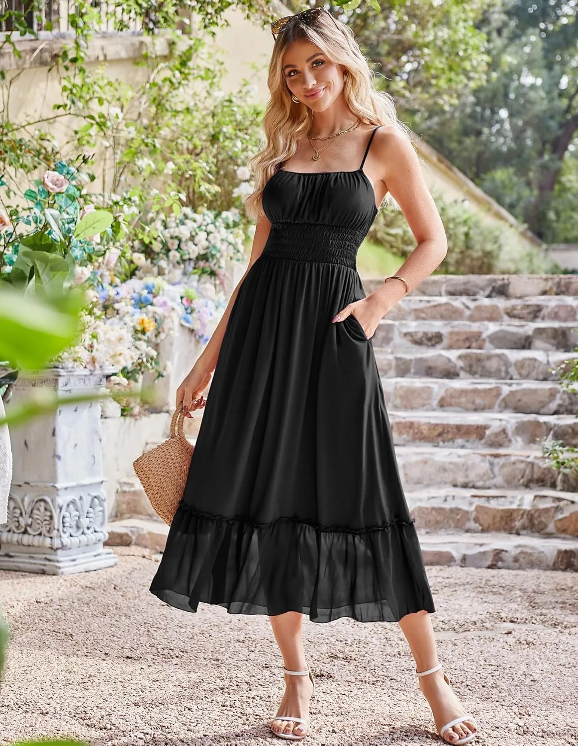 GRACE KARIN Womens 2025 Summer Dress Casual Sleeveless Spaghetti Strap Smocked Ruffle Beach Long Maxi Dress with Pockets