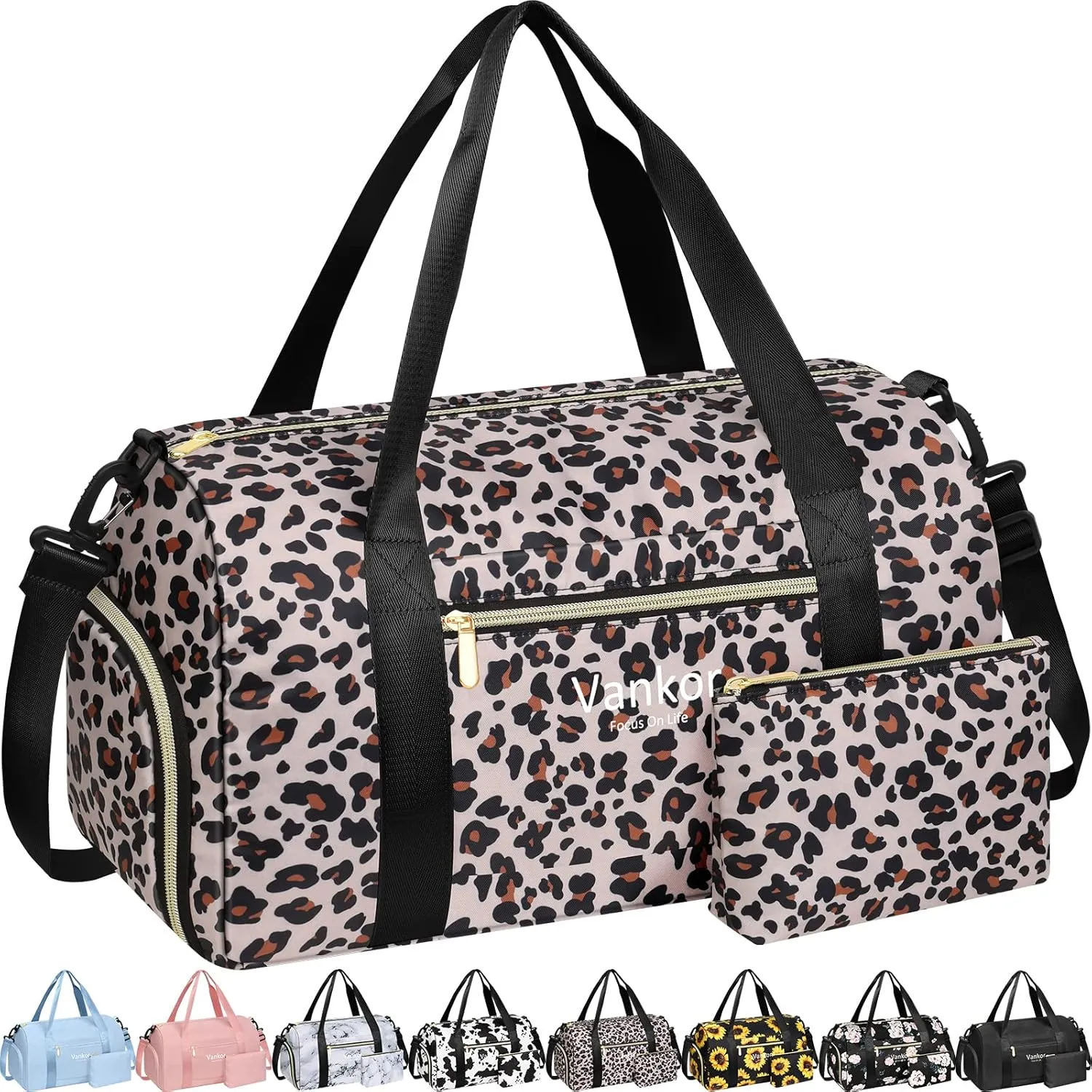 Gym Bag for Women with Shoe Compartment Waterproof, Sports Duffle Bag for Travel Duffel Weekender Carry on Beach Yoga Overnight Luggage Mommy Maternity Hospital Bag Leopard Print 17.5 Inch