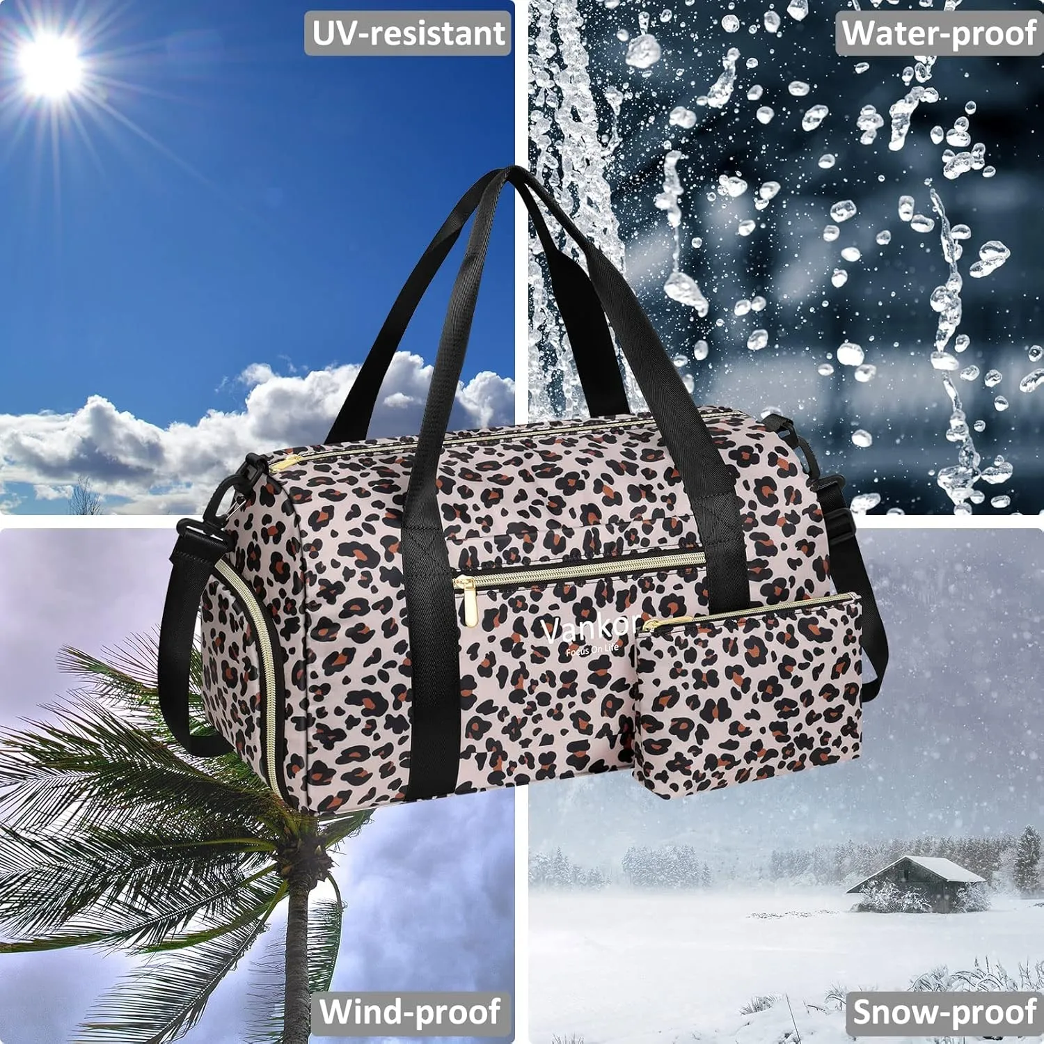 Gym Bag for Women with Shoe Compartment Waterproof, Sports Duffle Bag for Travel Duffel Weekender Carry on Beach Yoga Overnight Luggage Mommy Maternity Hospital Bag Leopard Print 17.5 Inch