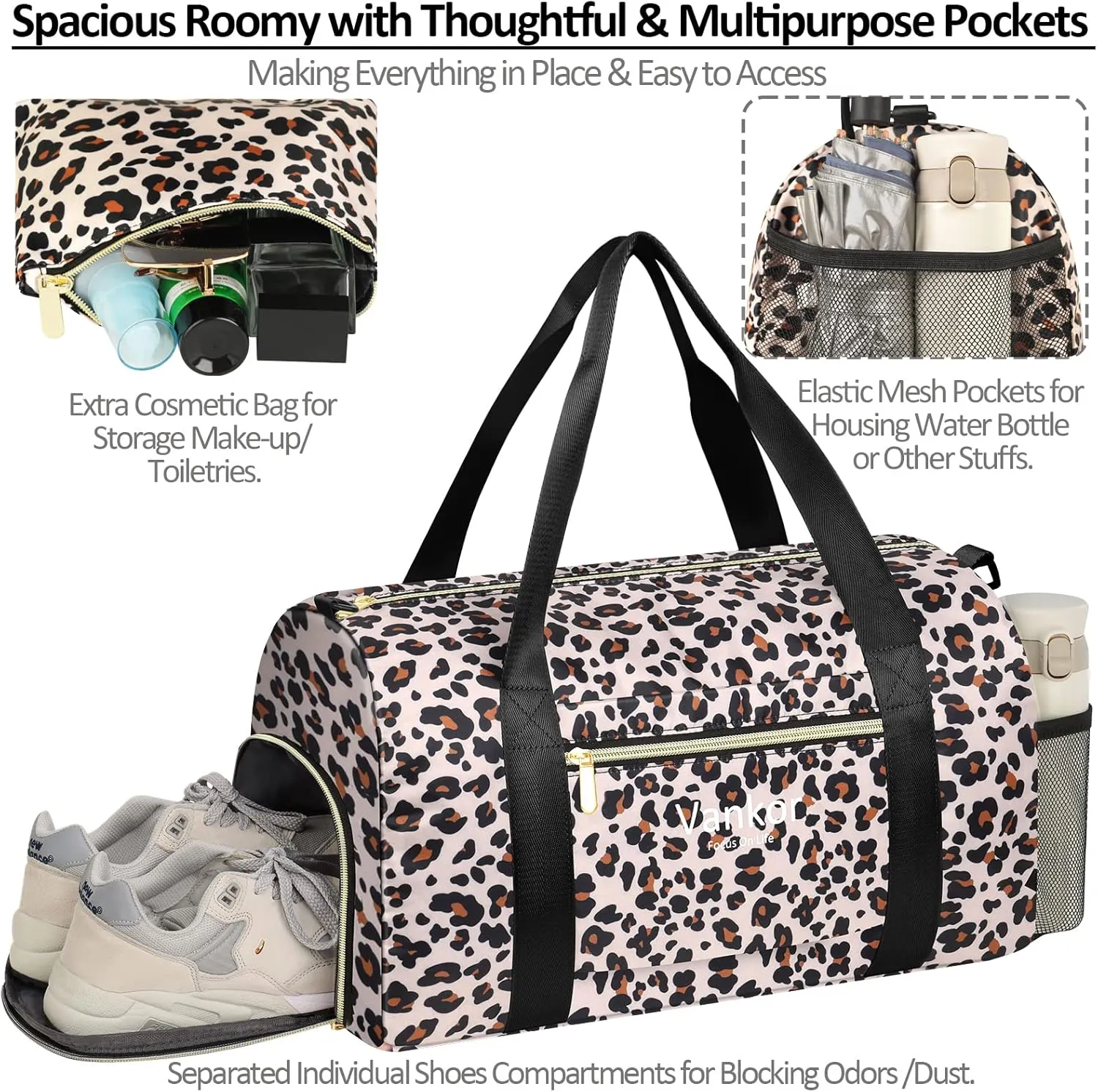 Gym Bag for Women with Shoe Compartment Waterproof, Sports Duffle Bag for Travel Duffel Weekender Carry on Beach Yoga Overnight Luggage Mommy Maternity Hospital Bag Leopard Print 17.5 Inch