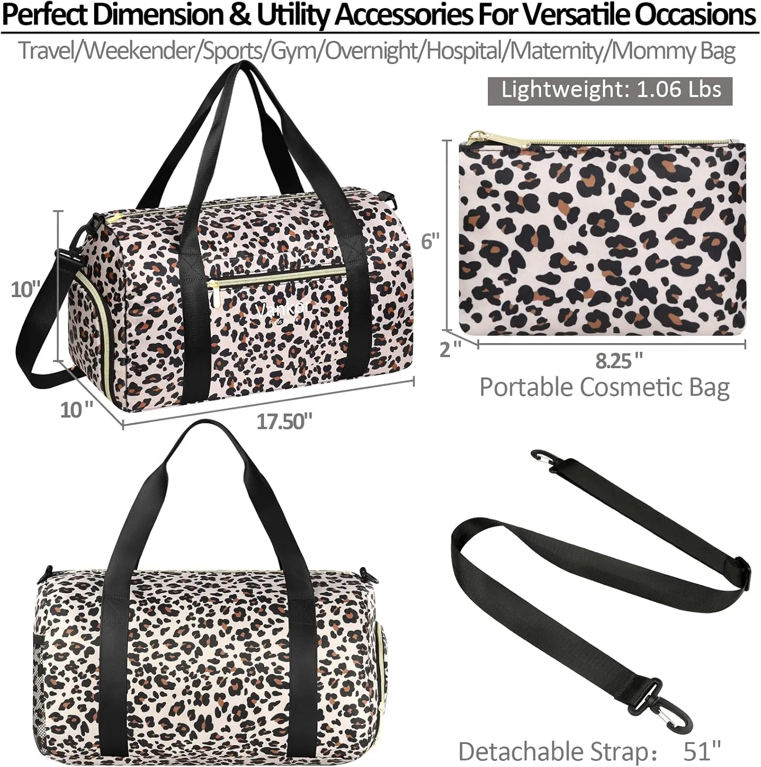 Gym Bag for Women with Shoe Compartment Waterproof, Sports Duffle Bag for Travel Duffel Weekender Carry on Beach Yoga Overnight Luggage Mommy Maternity Hospital Bag Leopard Print 17.5 Inch