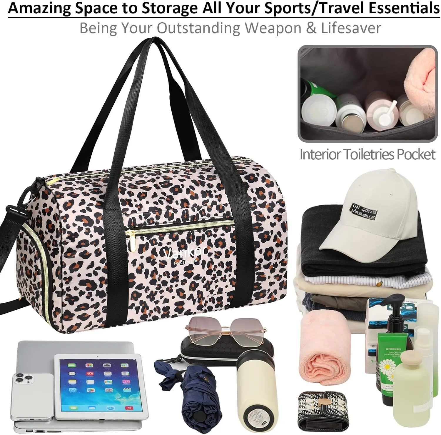 Gym Bag for Women with Shoe Compartment Waterproof, Sports Duffle Bag for Travel Duffel Weekender Carry on Beach Yoga Overnight Luggage Mommy Maternity Hospital Bag Leopard Print 17.5 Inch