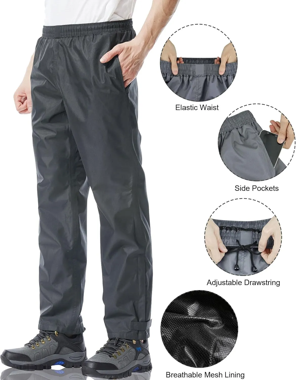 iCreek Men's Rain Pants Waterproof Over Pants Windproof Lightweight Hiking Pants Work Rain Outdoor for Golf, Fishing