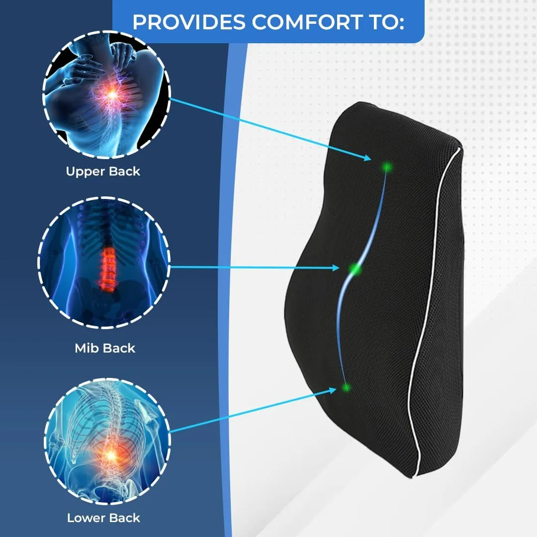 Kuber Industries Memory Foam Lumbar Support Pillow for Back Pain Relief | Back Support Pillow for Office Chair & Car Seat | Back Rest Lumber Cushion for Long Sitting | MDYKL-02-Black
