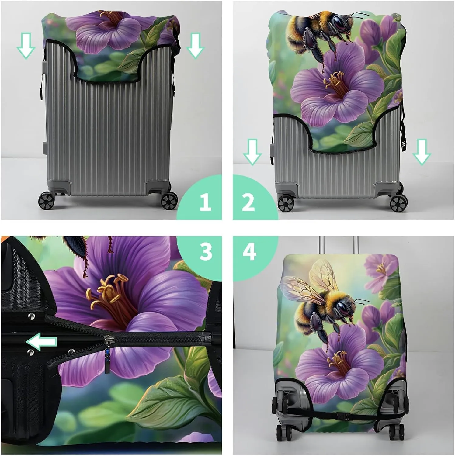 Luggage Cover   Tag, Bee Purple Flowers Travel Suitcase Cover for 29-30 inch Luggage (XL) with Concealed Zipper, Washable Elastic Cloth, Dustproof, Anti-Scratch