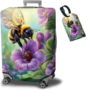 Luggage Cover   Tag, Bee Purple Flowers Travel Suitcase Cover for 29-30 inch Luggage (XL) with Concealed Zipper, Washable Elastic Cloth, Dustproof, Anti-Scratch