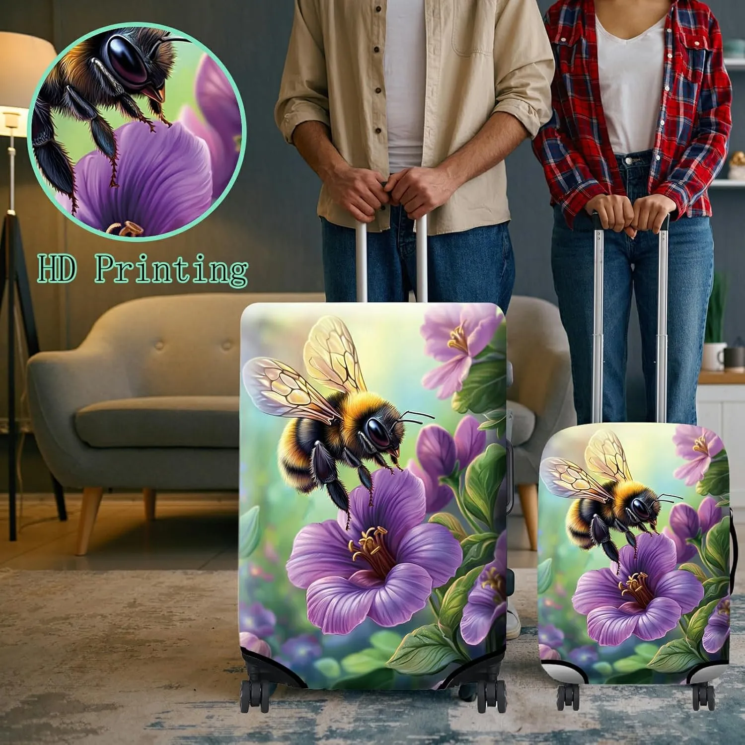 Luggage Cover   Tag, Bee Purple Flowers Travel Suitcase Cover for 29-30 inch Luggage (XL) with Concealed Zipper, Washable Elastic Cloth, Dustproof, Anti-Scratch