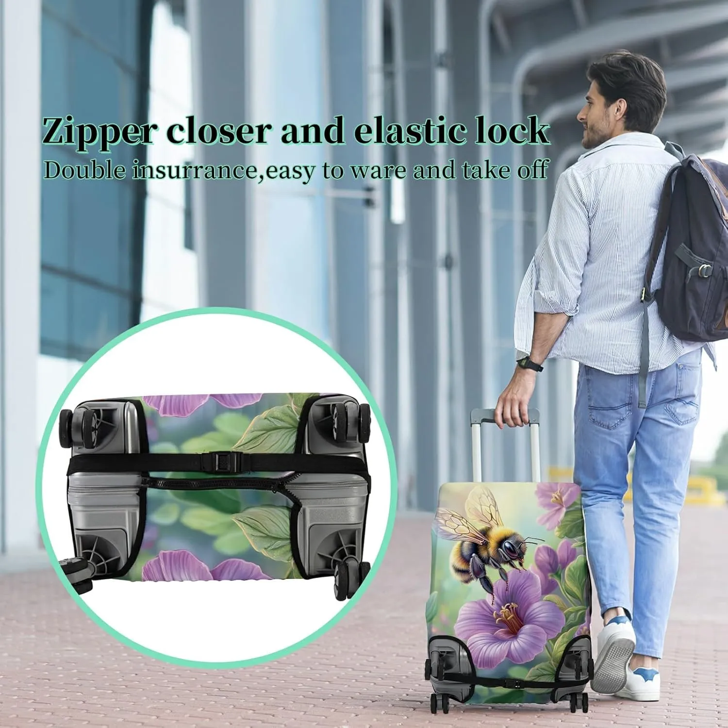 Luggage Cover   Tag, Bee Purple Flowers Travel Suitcase Cover for 29-30 inch Luggage (XL) with Concealed Zipper, Washable Elastic Cloth, Dustproof, Anti-Scratch