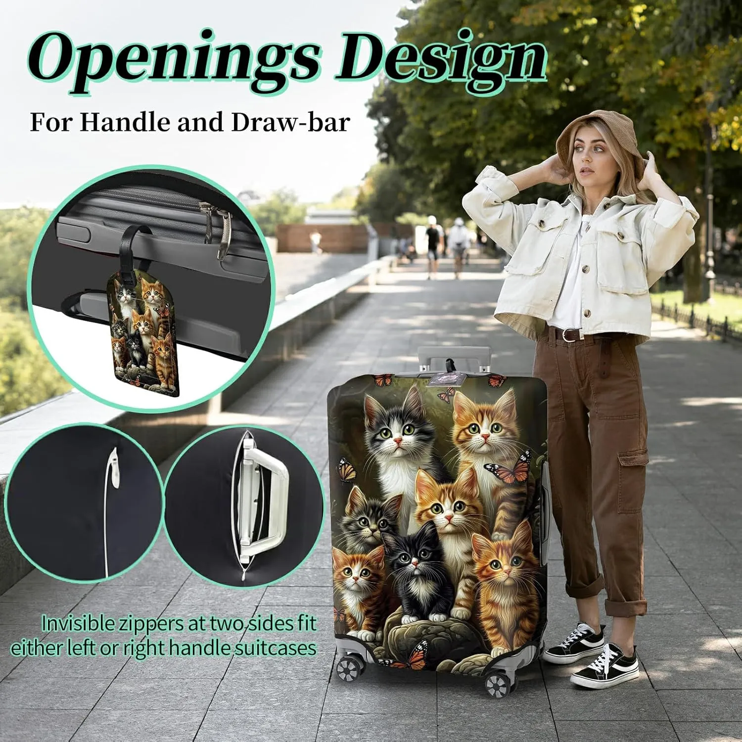 Luggage Cover   Tag, Cats Family Travel Suitcase Protector for 29-30 inch Luggage (XL) with Concealed Zipper, Washable Elastic Cloth, Dustproof, Anti-Scratch