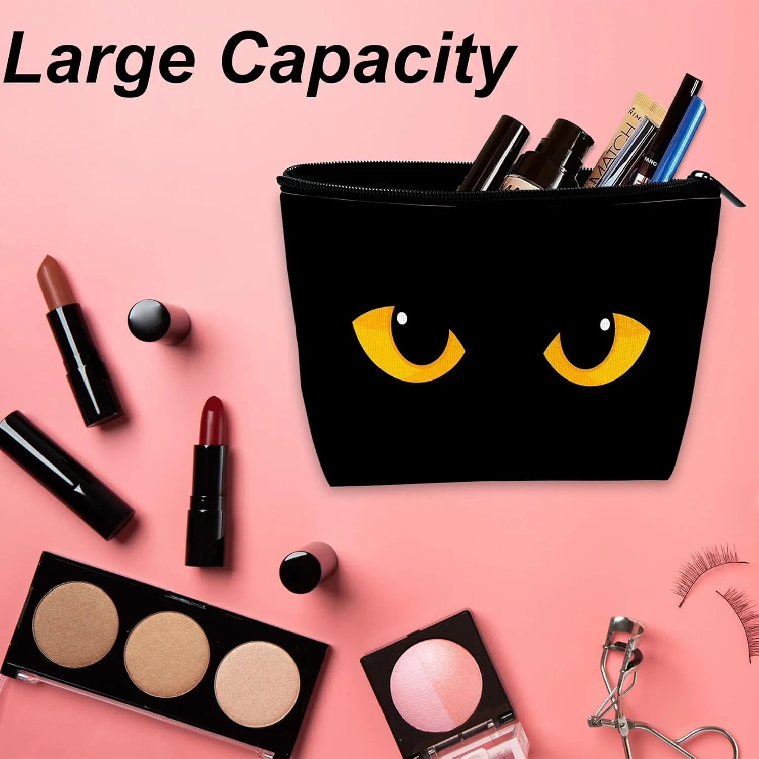 Makeup Bag for Purse, Waterproof Funny Black Cat Evil Eye Cosmetic Bag for Women, Zipper Travel Toiletry Pouch Gift 9.5??5.9 Inch