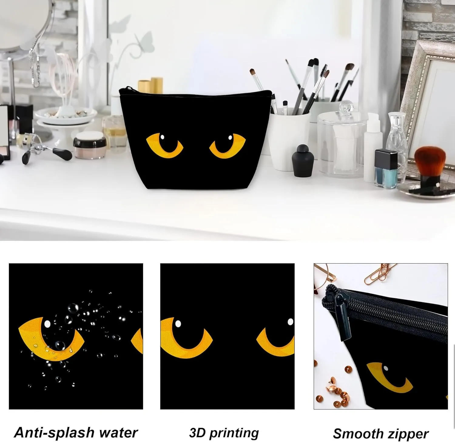 Makeup Bag for Purse, Waterproof Funny Black Cat Evil Eye Cosmetic Bag for Women, Zipper Travel Toiletry Pouch Gift 9.5??5.9 Inch