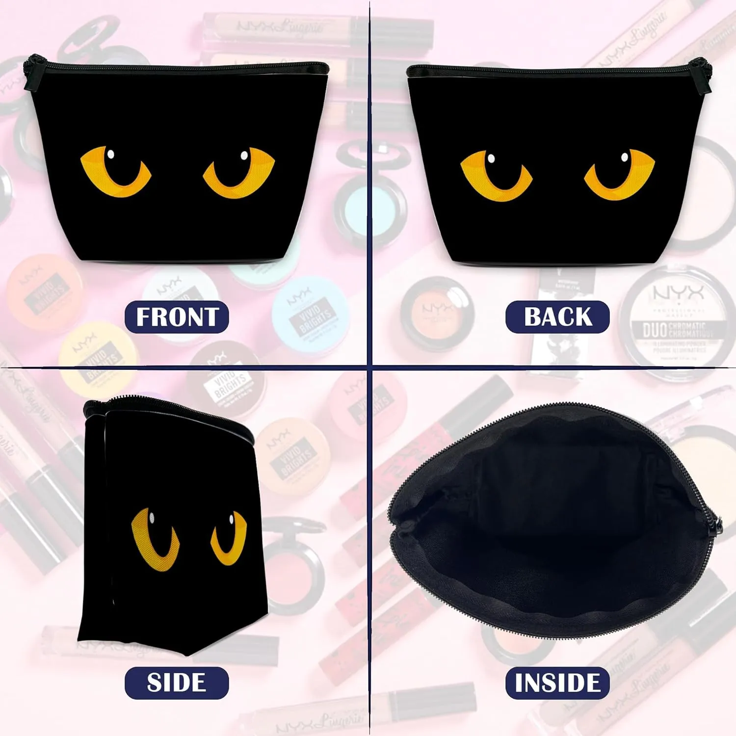 Makeup Bag for Purse, Waterproof Funny Black Cat Evil Eye Cosmetic Bag for Women, Zipper Travel Toiletry Pouch Gift 9.5??5.9 Inch