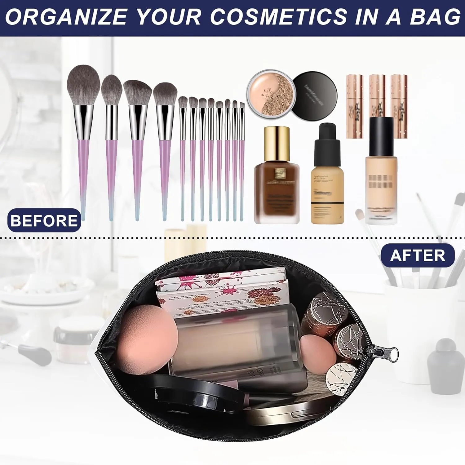 Makeup Bag for Purse, Waterproof Funny Black Cat Evil Eye Cosmetic Bag for Women, Zipper Travel Toiletry Pouch Gift 9.5??5.9 Inch