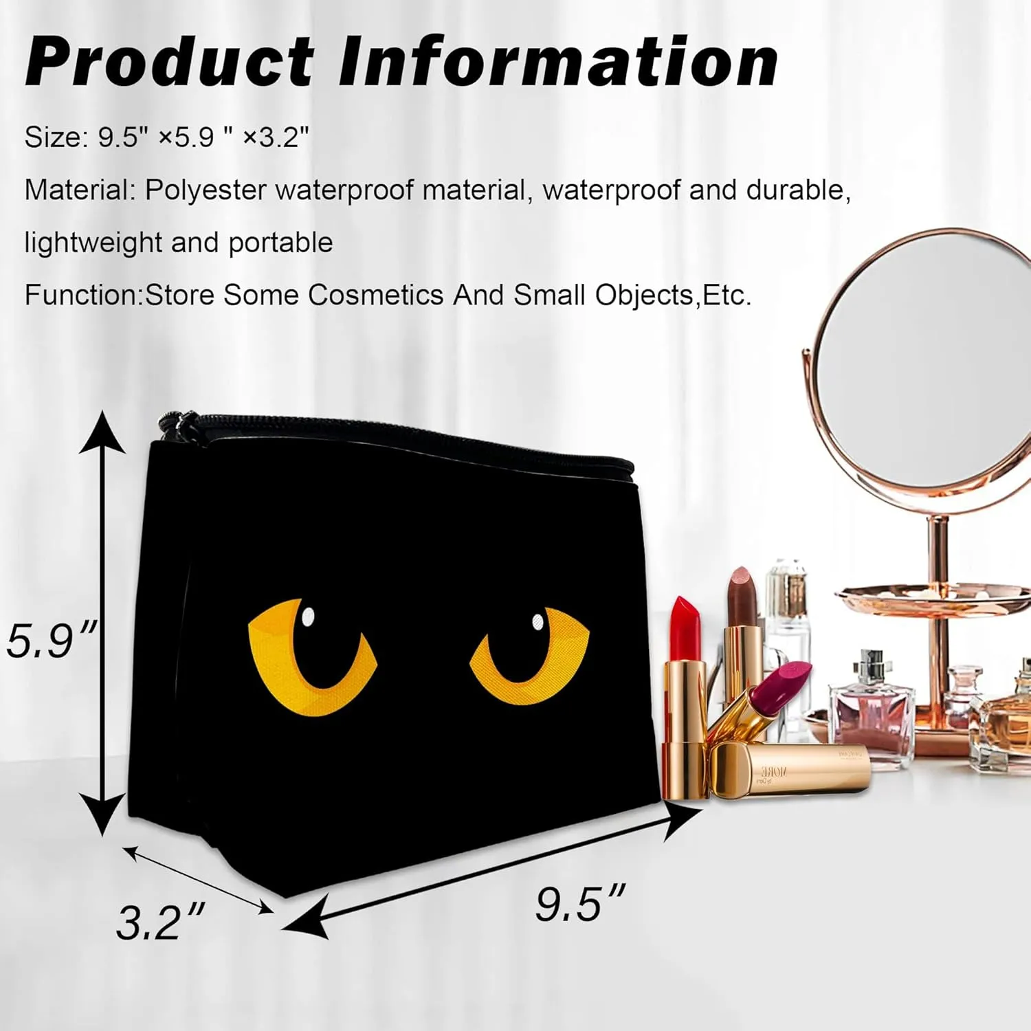 Makeup Bag for Purse, Waterproof Funny Black Cat Evil Eye Cosmetic Bag for Women, Zipper Travel Toiletry Pouch Gift 9.5??5.9 Inch