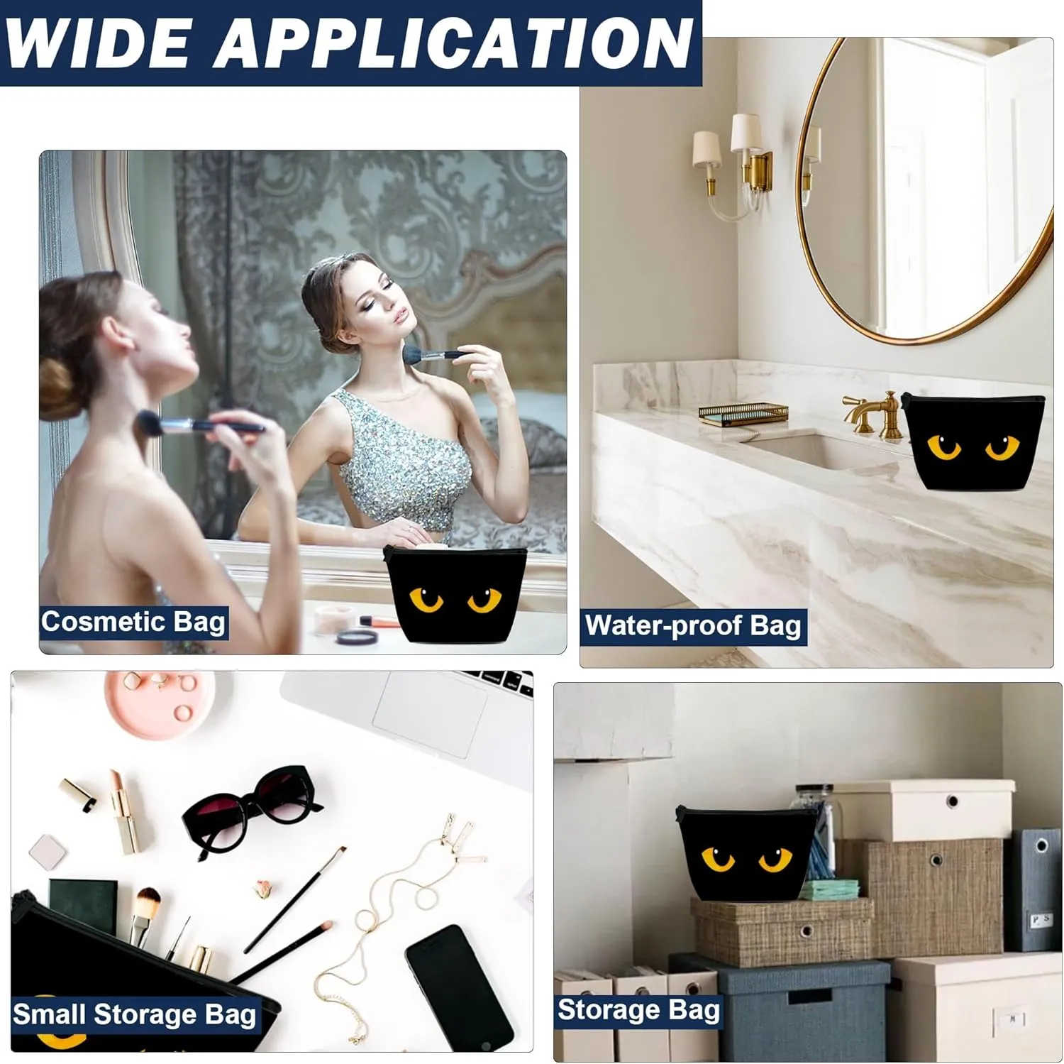 Makeup Bag for Purse, Waterproof Funny Black Cat Evil Eye Cosmetic Bag for Women, Zipper Travel Toiletry Pouch Gift 9.5??5.9 Inch