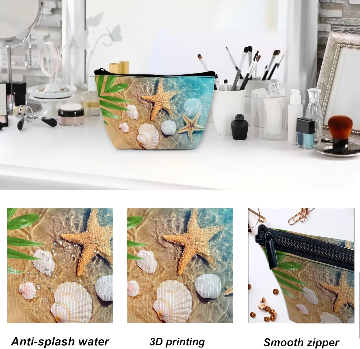 Makeup Bag Starfish and Seashell on Beach Cosmetic Bag for Women, Travel Small Bag for Purse, Pouch for Toiletries Water Resistant Gift 9.5??5.9 Inch