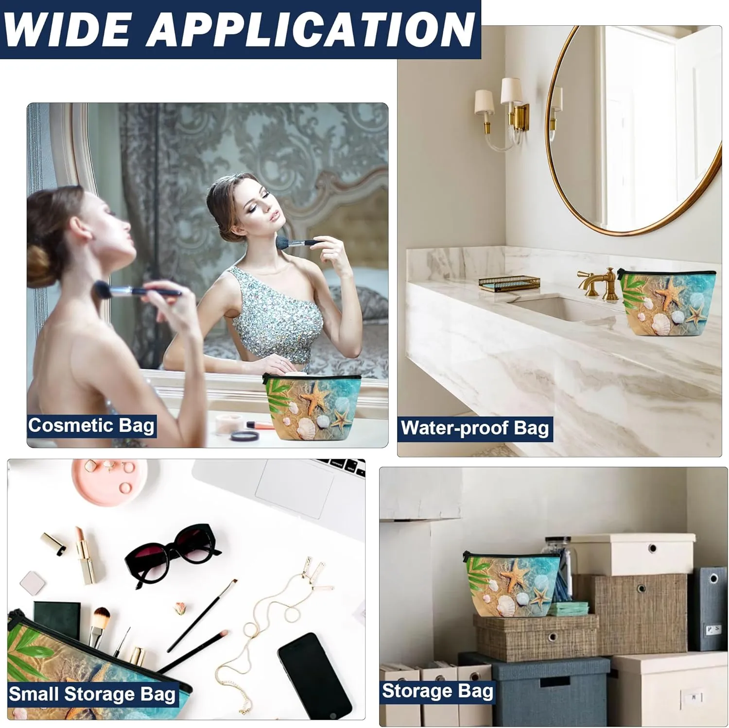 Makeup Bag Starfish and Seashell on Beach Cosmetic Bag for Women, Travel Small Bag for Purse, Pouch for Toiletries Water Resistant Gift 9.5??5.9 Inch