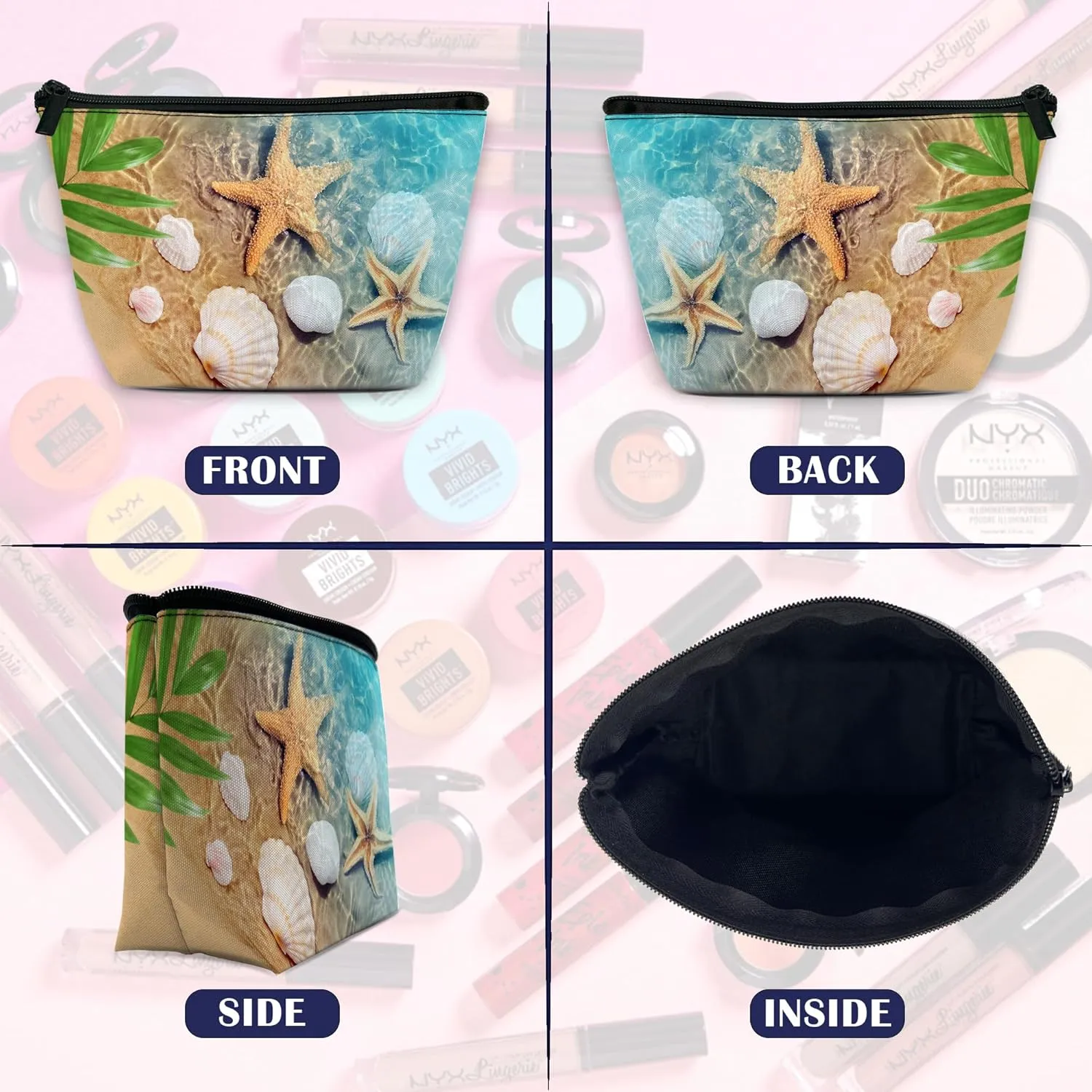 Makeup Bag Starfish and Seashell on Beach Cosmetic Bag for Women, Travel Small Bag for Purse, Pouch for Toiletries Water Resistant Gift 9.5??5.9 Inch