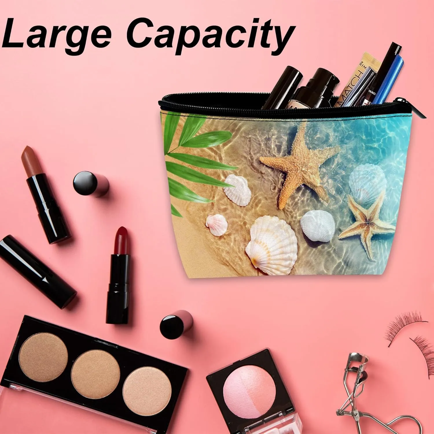 Makeup Bag Starfish and Seashell on Beach Cosmetic Bag for Women, Travel Small Bag for Purse, Pouch for Toiletries Water Resistant Gift 9.5??5.9 Inch
