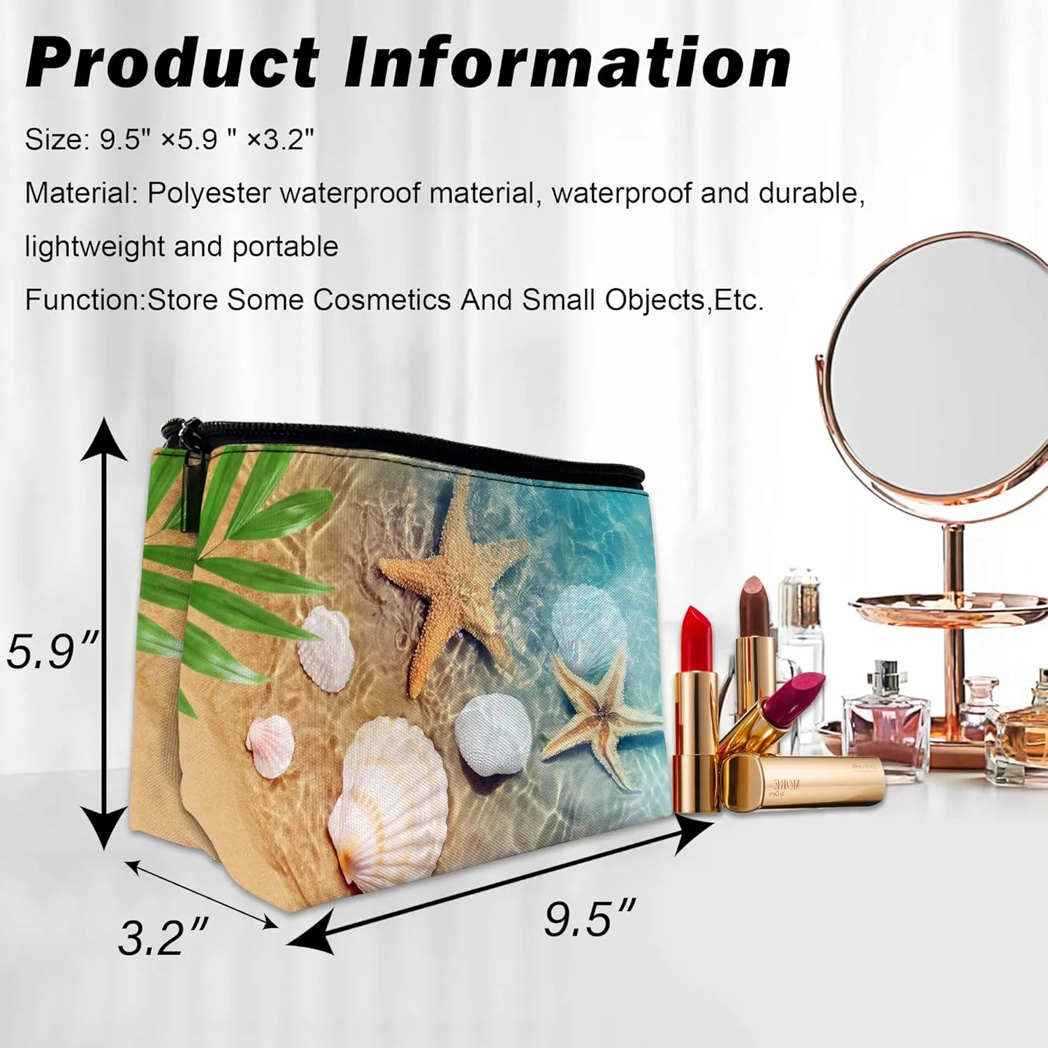 Makeup Bag Starfish and Seashell on Beach Cosmetic Bag for Women, Travel Small Bag for Purse, Pouch for Toiletries Water Resistant Gift 9.5??5.9 Inch