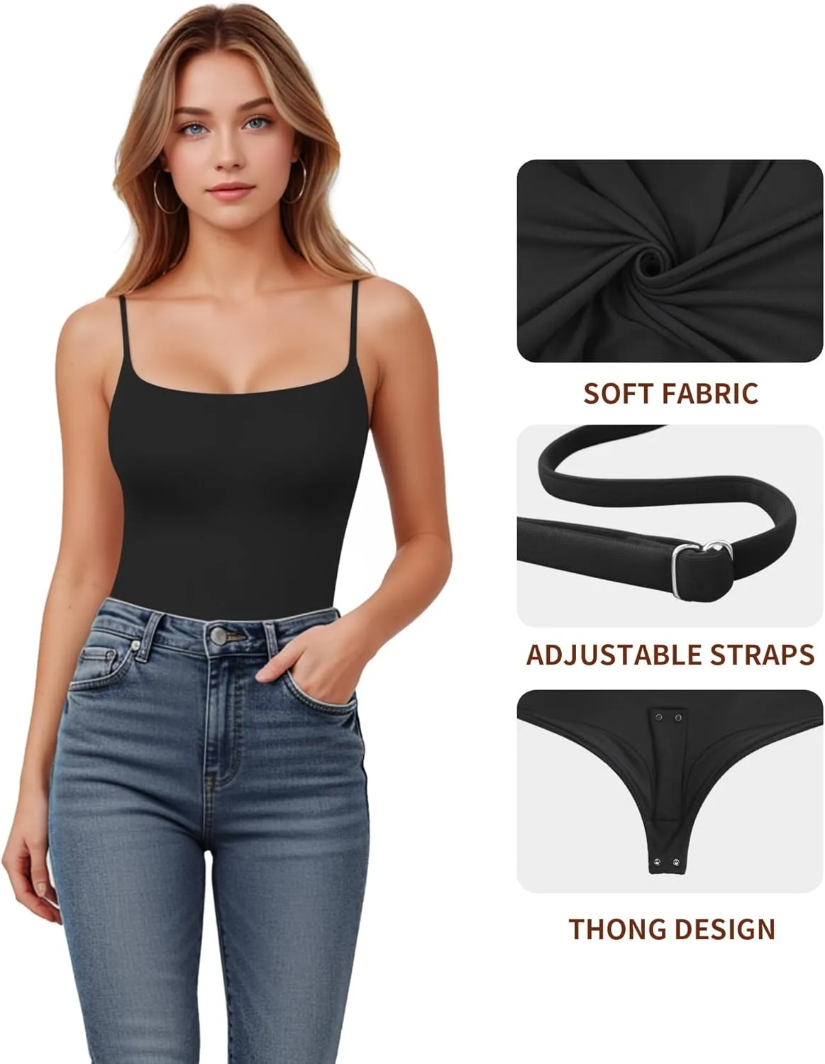 MANGOPOP Women's Cami Thong Bodysuit Double Lined Square Neck Backless Body Suit Adjustable Spaghetti Strap Tank Tops