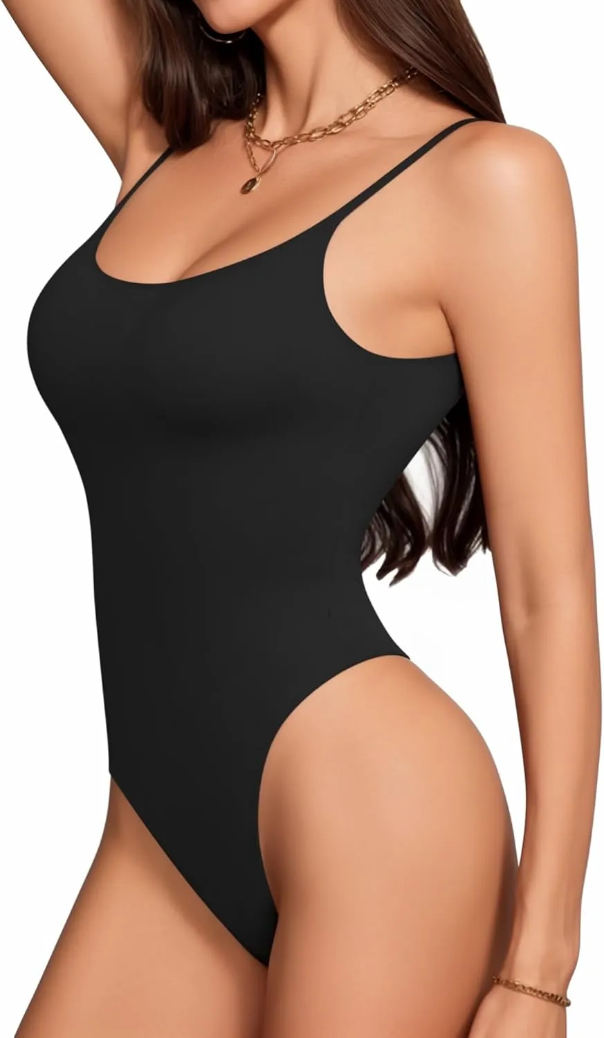 MANGOPOP Women's Cami Thong Bodysuit Double Lined Square Neck Backless Body Suit Adjustable Spaghetti Strap Tank Tops