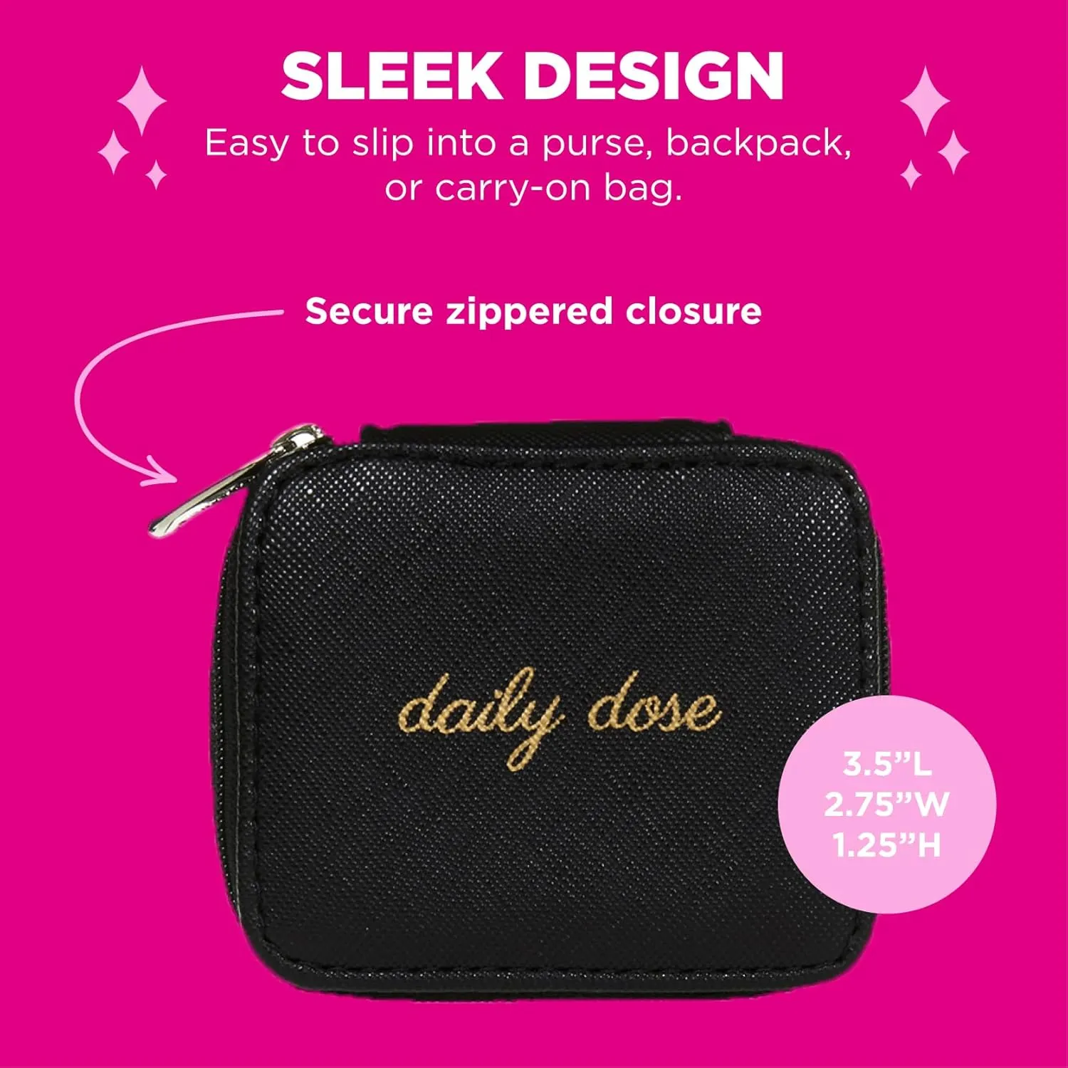 Miamica Zippered Pill Case with 7-Day Removable Plastic Medicine Organizer, Yellow, 3.5 L x 2.75 W x 1.25 H Keep Your Vitamins and Pills Organized Compact and Sleek Pill Box