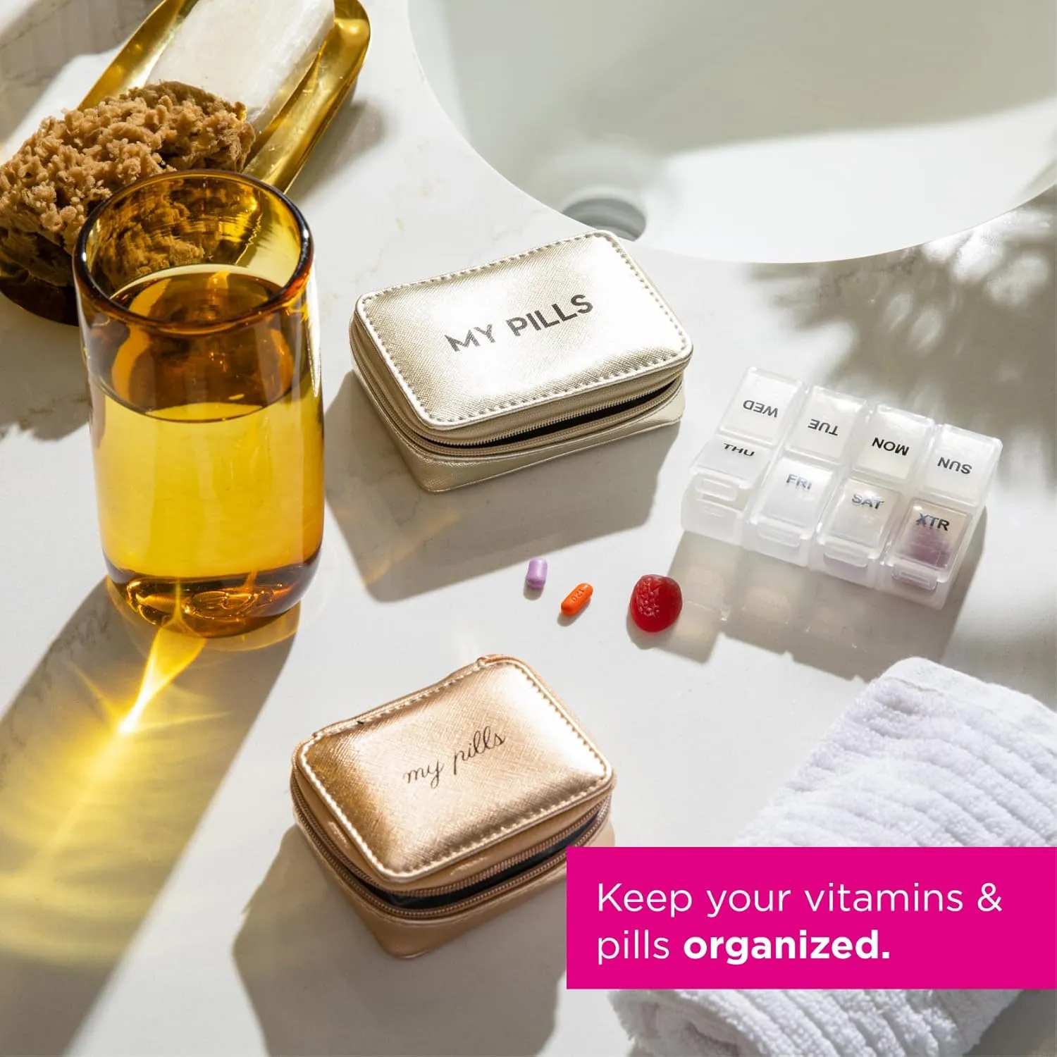 Miamica Zippered Pill Case with 7-Day Removable Plastic Medicine Organizer, Yellow, 3.5 L x 2.75 W x 1.25 H  Keep Your Vitamins and Pills Organized  Compact and Sleek Pill Box