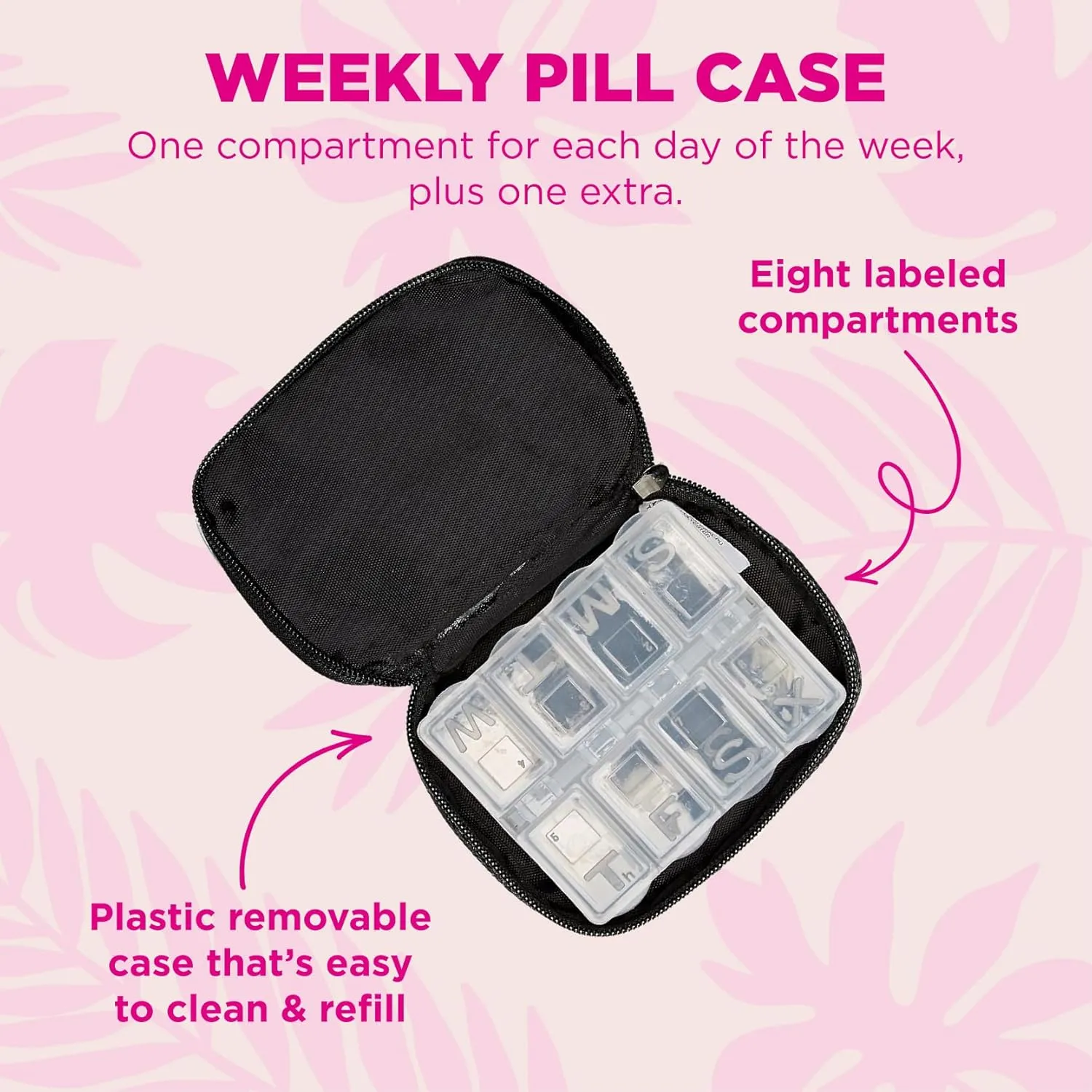 Miamica Zippered Pill Case with 7-Day Removable Plastic Medicine Organizer, Yellow, 3.5 L x 2.75 W x 1.25 H  Keep Your Vitamins and Pills Organized  Compact and Sleek Pill Box