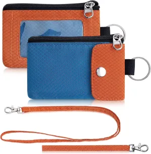 Minimalist Wallet For Mens Womens, Keychain RFID Blocking Zipper Small Wallet with ID Window 2 Lanyards,Water Resistant Travel Cash Card Coin Case Boys Girls