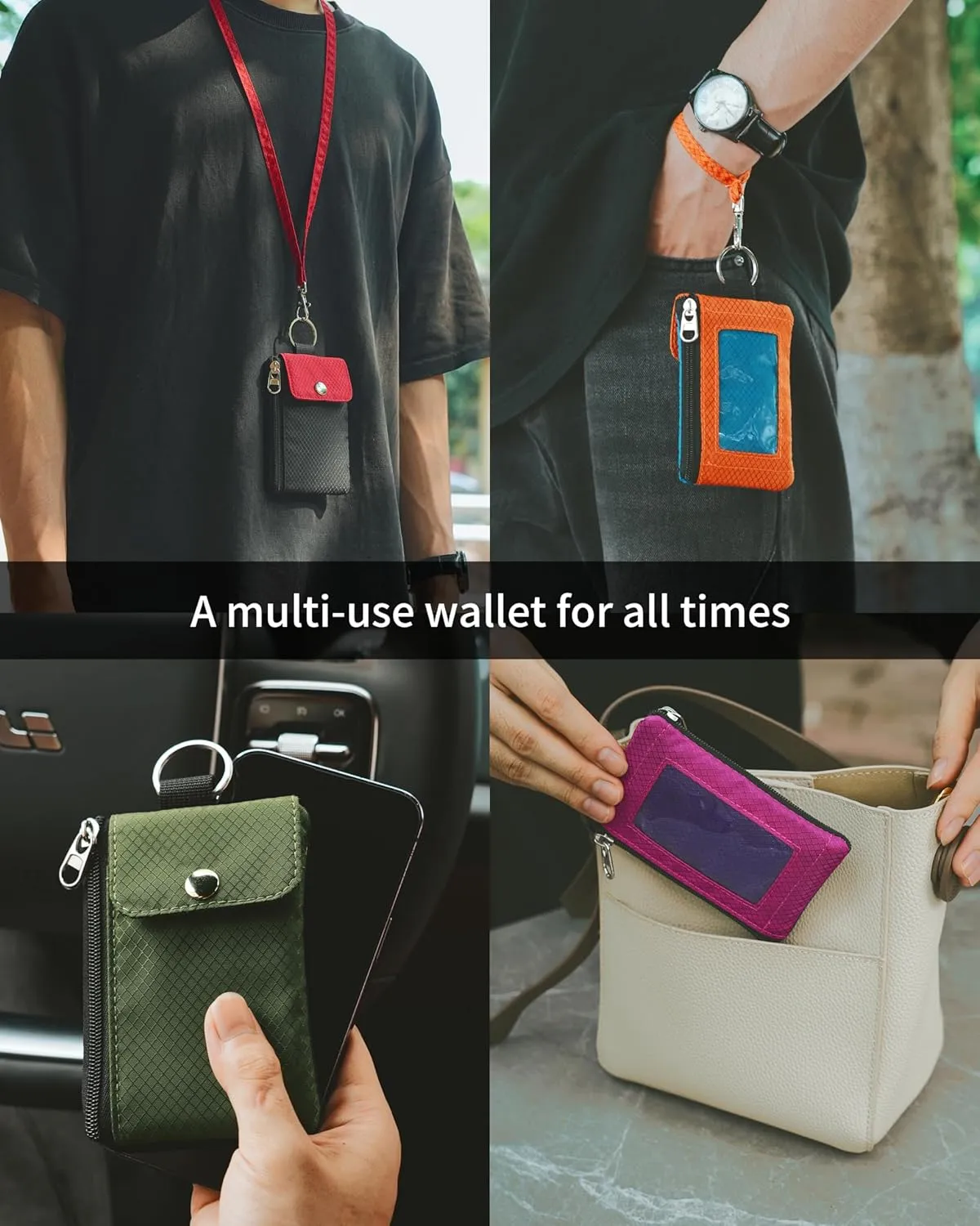 Minimalist Wallet For Mens Womens, Keychain RFID Blocking Zipper Small Wallet with ID Window 2 Lanyards,Water Resistant Travel Cash Card Coin Case Boys Girls