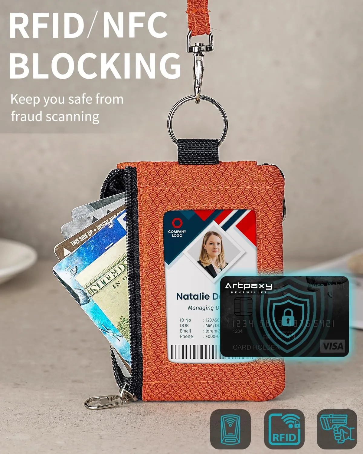 Minimalist Wallet For Mens Womens, Keychain RFID Blocking Zipper Small Wallet with ID Window 2 Lanyards,Water Resistant Travel Cash Card Coin Case Boys Girls