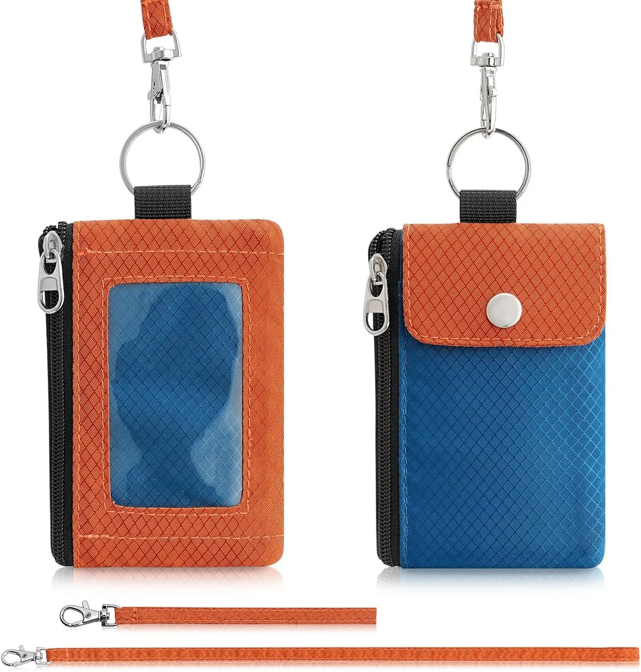 Minimalist Wallet For Mens Womens, Keychain RFID Blocking Zipper Small Wallet with ID Window 2 Lanyards,Water Resistant Travel Cash Card Coin Case Boys Girls