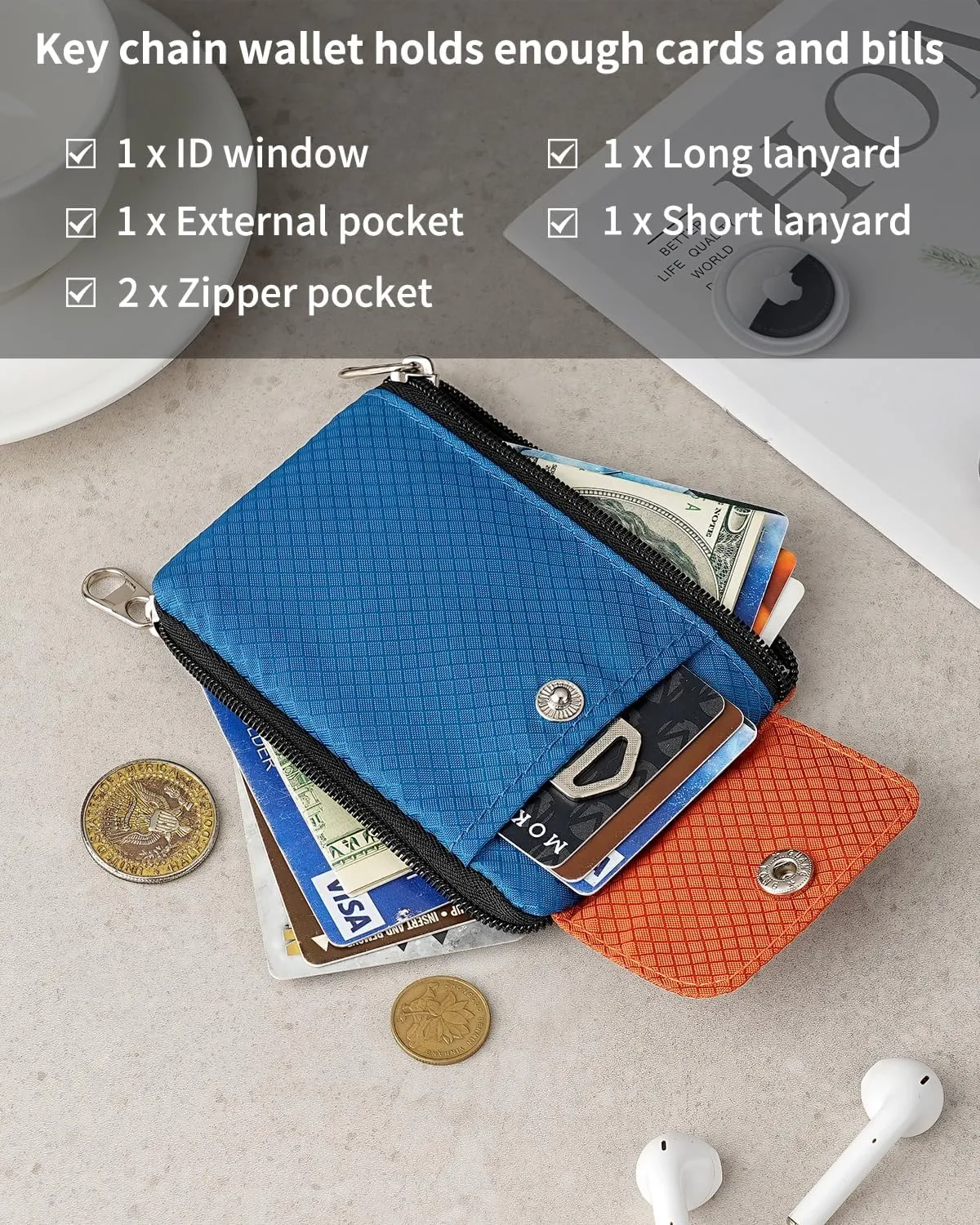 Minimalist Wallet For Mens Womens, Keychain RFID Blocking Zipper Small Wallet with ID Window 2 Lanyards,Water Resistant Travel Cash Card Coin Case Boys Girls