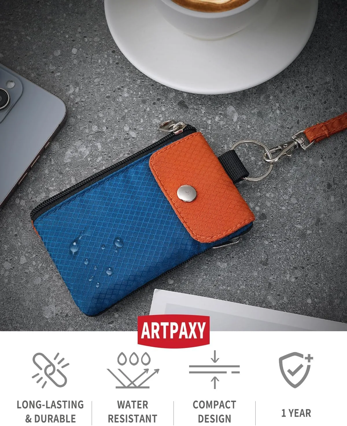 Minimalist Wallet For Mens Womens, Keychain RFID Blocking Zipper Small Wallet with ID Window 2 Lanyards,Water Resistant Travel Cash Card Coin Case Boys Girls