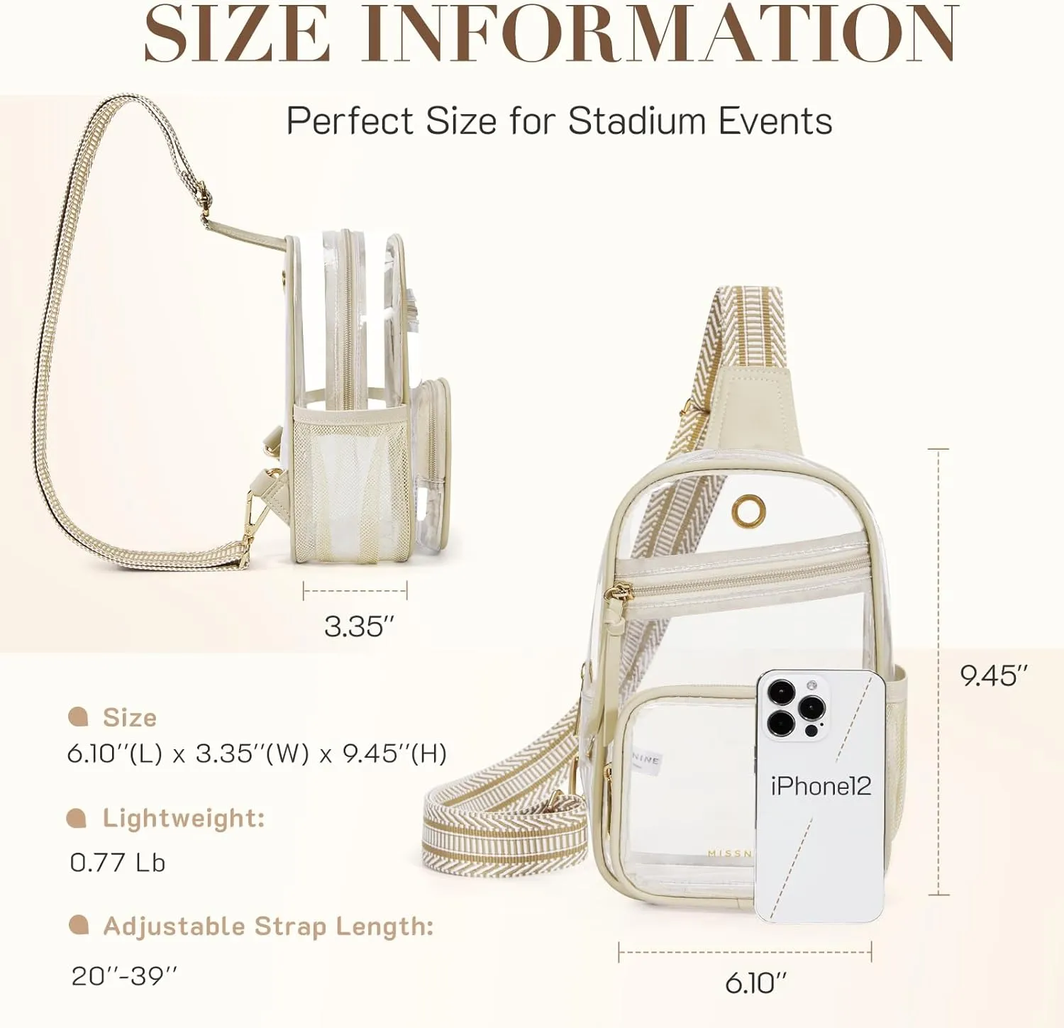 Missnine Clear Bag for Stadium Events Clear Sling Bag Fanny Pack Crossbody Purse for Sport Concert with Side Mesh Pocket