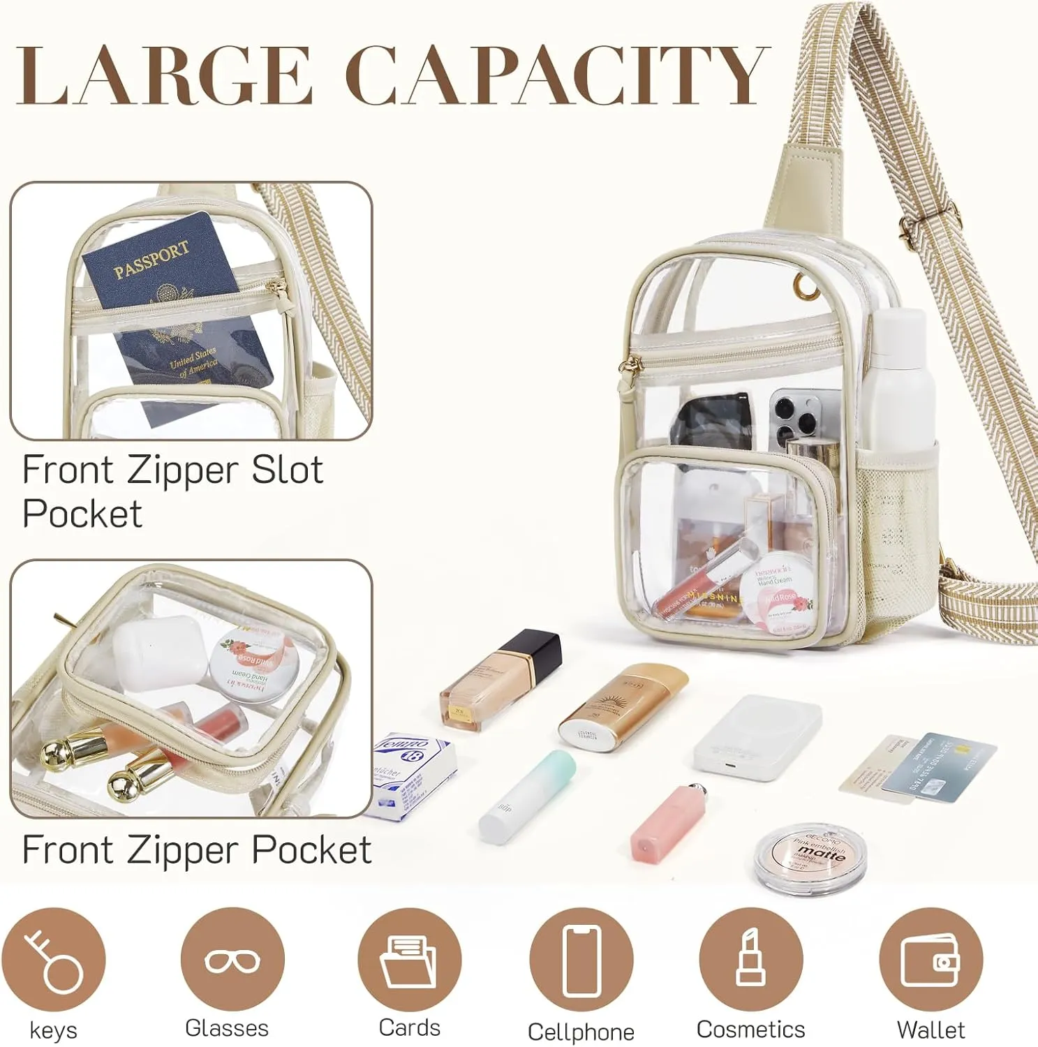 Missnine Clear Bag for Stadium Events Clear Sling Bag Fanny Pack Crossbody Purse for Sport Concert with Side Mesh Pocket