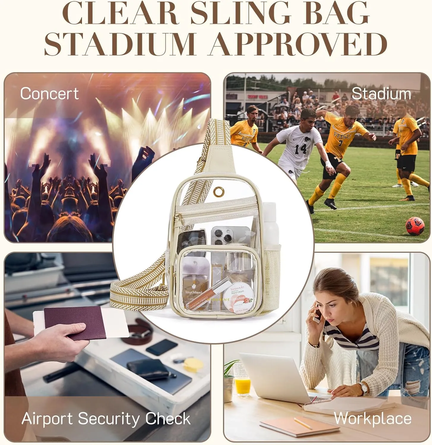 Missnine Clear Bag for Stadium Events Clear Sling Bag Fanny Pack Crossbody Purse for Sport Concert with Side Mesh Pocket