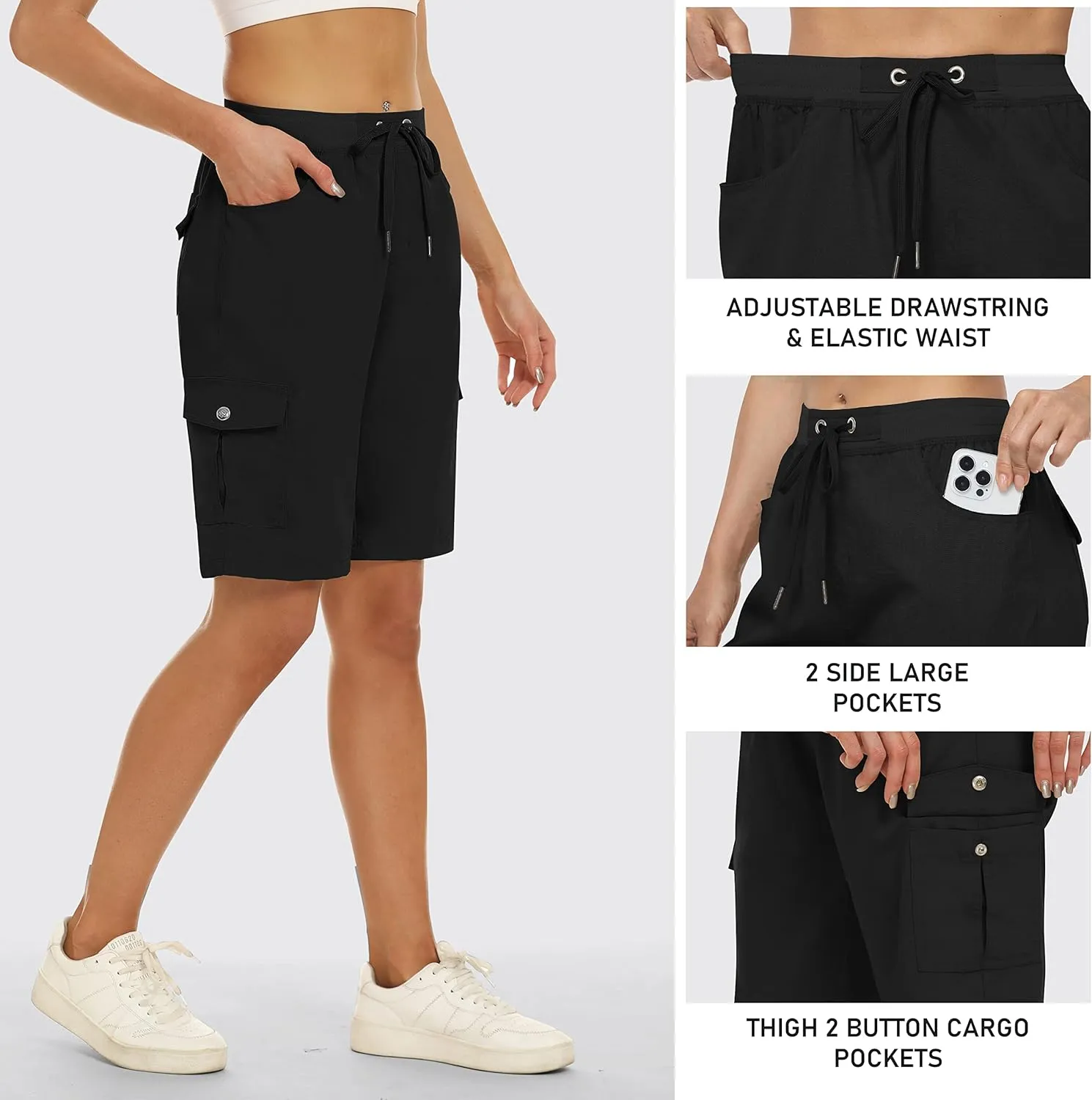 MoFiz Women's 10" Hiking Cargo Shorts 6 Pockets Lightweight Quick Dry Outdoor Running Athletic Short Summer Travel Loose