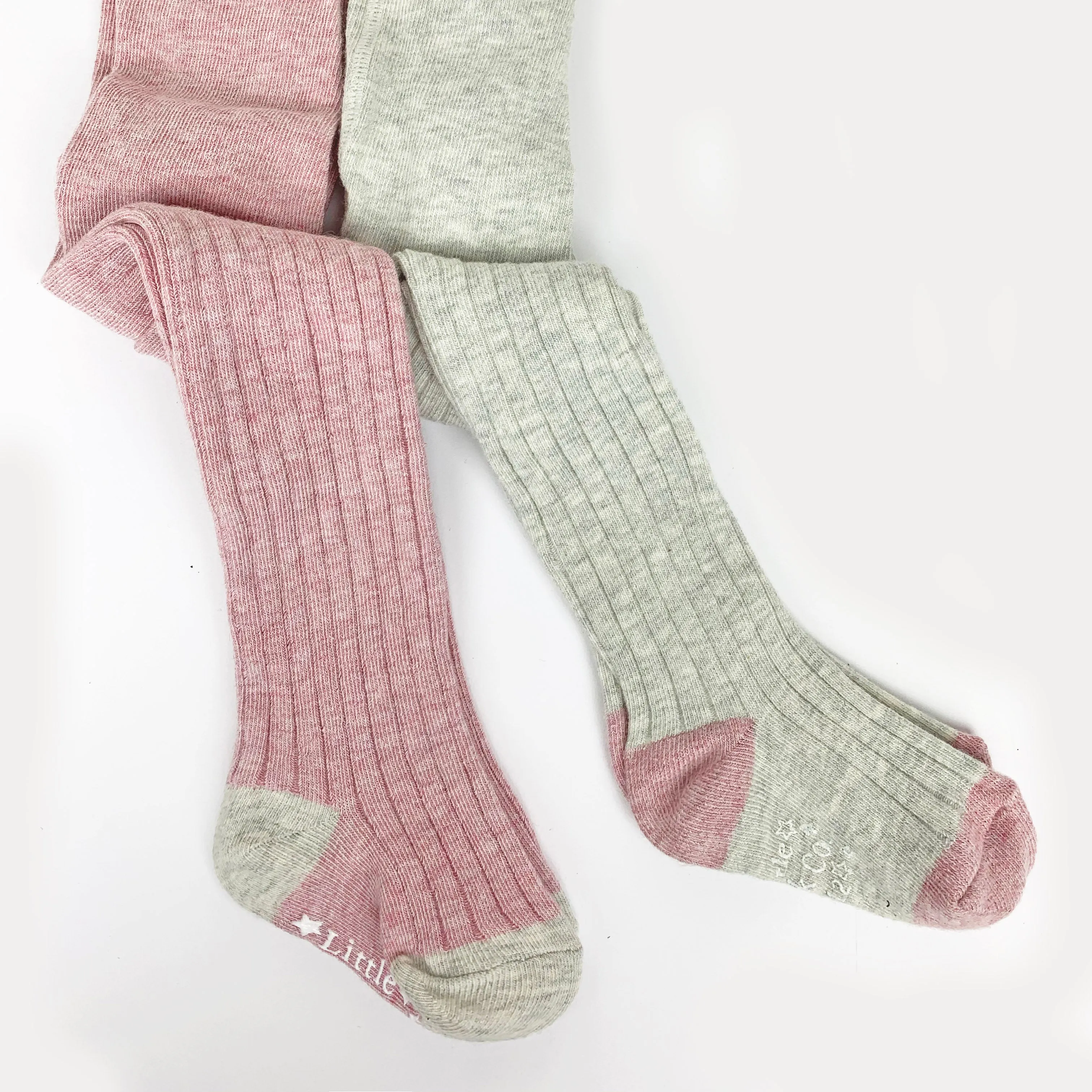 Non-Slip Super Soft Ribbed Baby and Toddler Tights - 2 Pack in Grey Marl & Dusty Pink