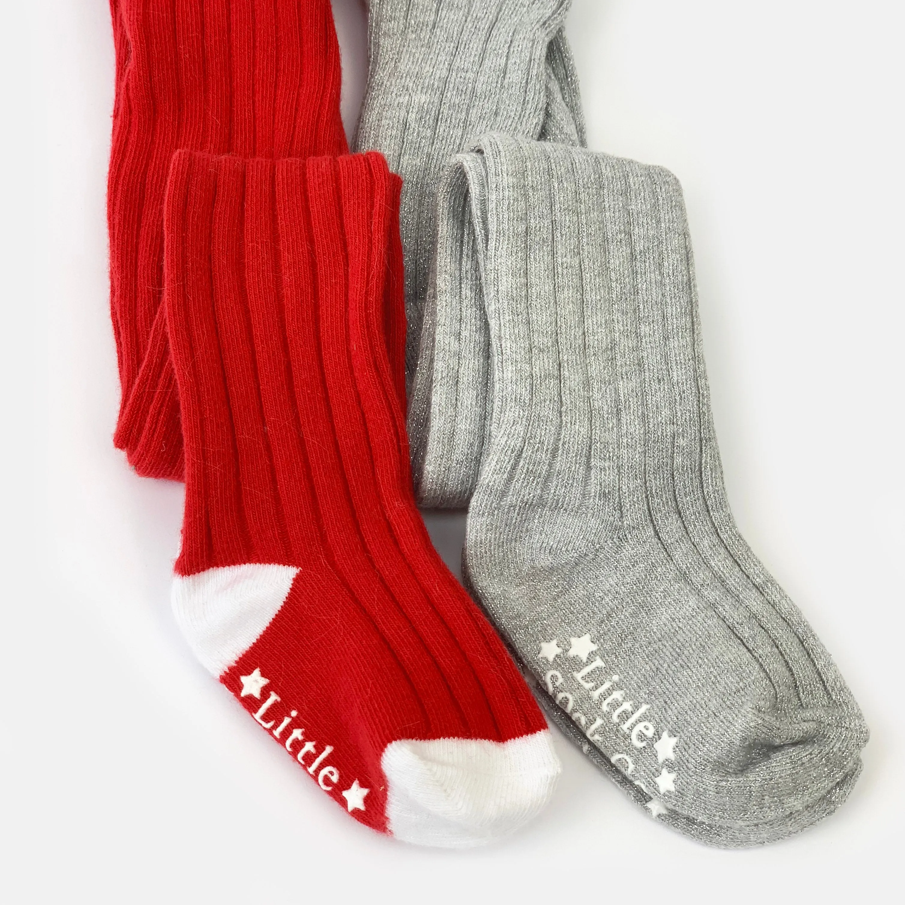 Non-Slip Super Soft - Ribbed Baby and Toddler Tights - 2 Pack in Sparkle & Red