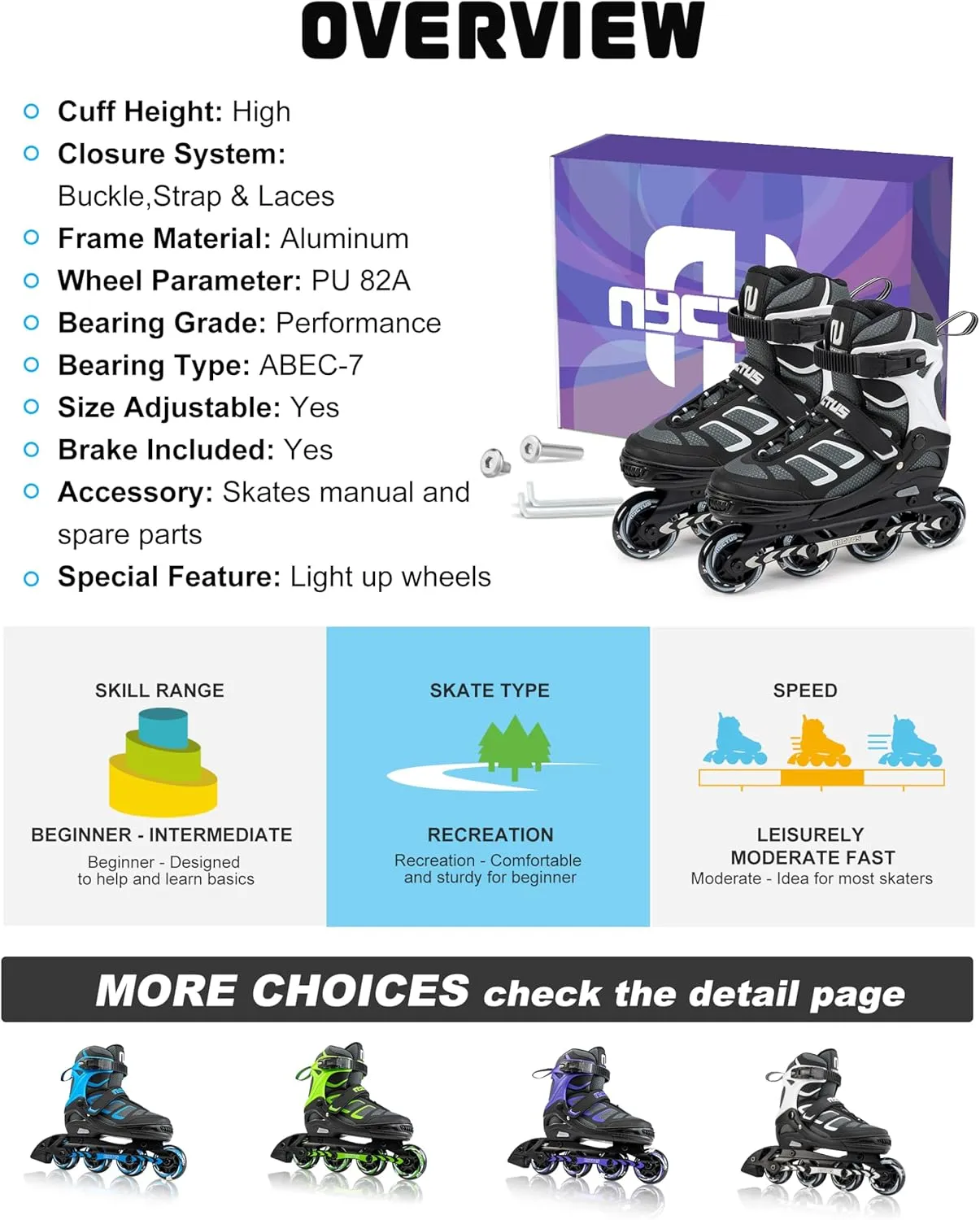 NYCTUS Inline Skates for Kids and Adults, Adjustable Inline Skates for Girls and Boys, Roller Skates for Women and Men with Full Light up Wheels