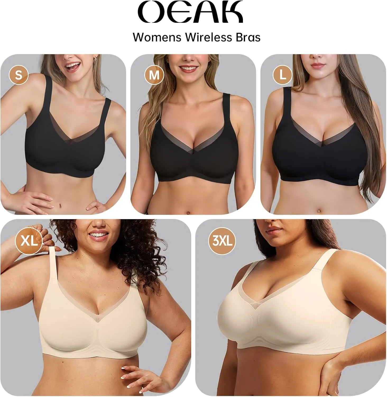 OEAK Womens Wireless Bras V Mesh Comfortable Bralette Supportive Tshirt Bra No Underwire Seamless Push Up Everyday Bras