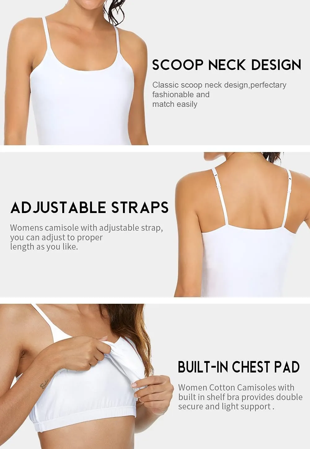 Orrpally Women Cotton Camisole Shelf Bra Cami Tank Tops Adjustable Spaghetti Strap Tank Top 3-Pack