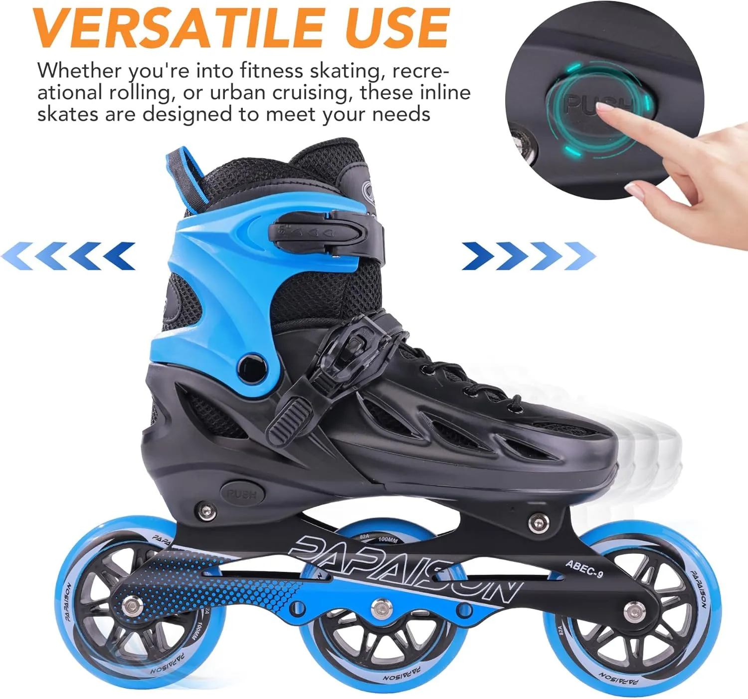 PAPAISON Adult Adjustable Inline Skates for Men Women with 3 100mm Wheels, Outdoor Blades Female Male Fitness Speed Racing Skates, Roller Skates for Teens Boys Girls