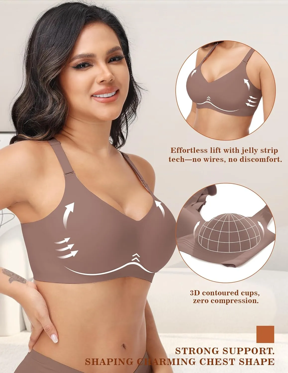 PoseFree Wireless Bras for Women No Underwire Full Coverage Supportive Seamless Back Fat Smoothing Padded Push Up Bra