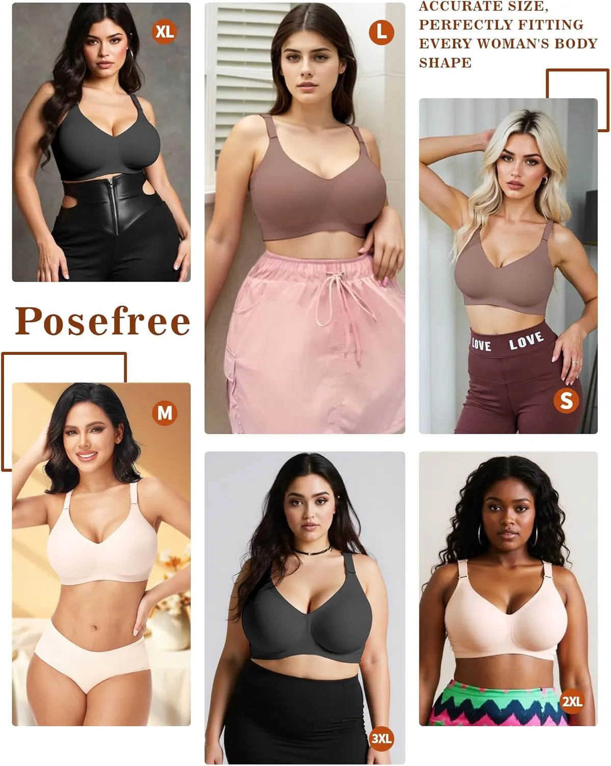 PoseFree Wireless Bras for Women No Underwire Full Coverage Supportive Seamless Back Fat Smoothing Padded Push Up Bra