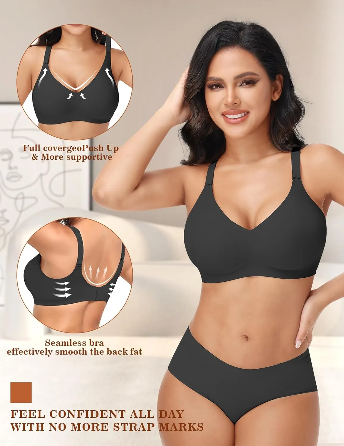PoseFree Wireless Bras for Women No Underwire Full Coverage Supportive Seamless Back Fat Smoothing Padded Push Up Bra