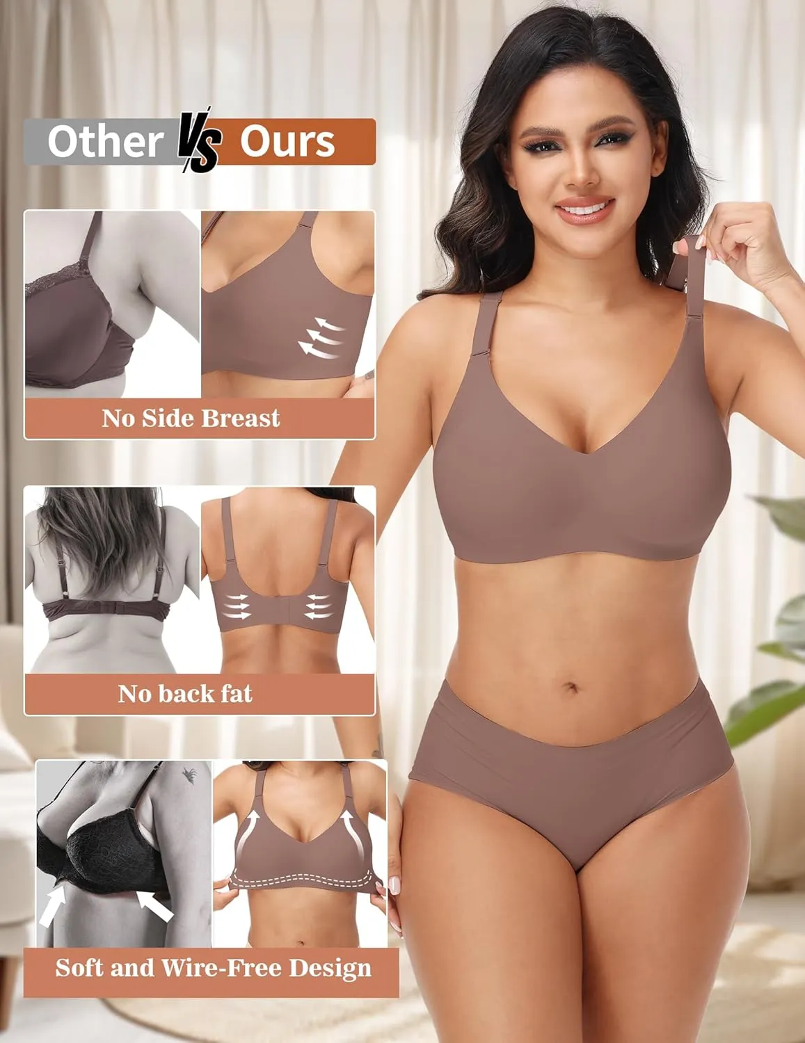 PoseFree Wireless Bras for Women No Underwire Full Coverage Supportive Seamless Back Fat Smoothing Padded Push Up Bra