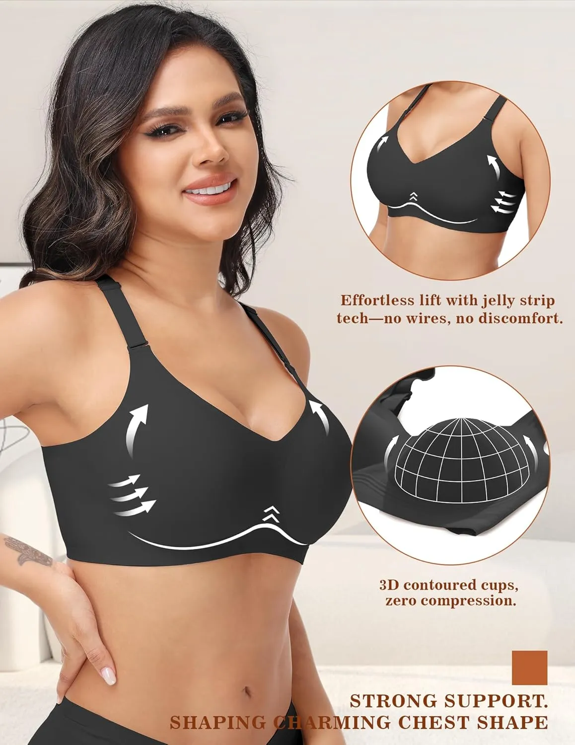 PoseFree Wireless Bras for Women No Underwire Full Coverage Supportive Seamless Back Fat Smoothing Padded Push Up Bra